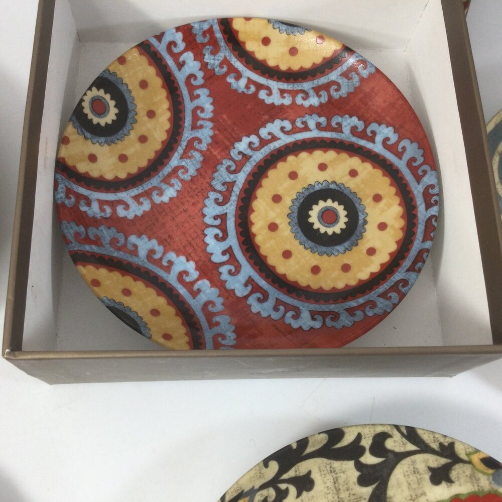 Pier 1 Appetizer Ceramic Plates Set of 4 Multicolor Geometric Design with Box - Picture 4 of 6